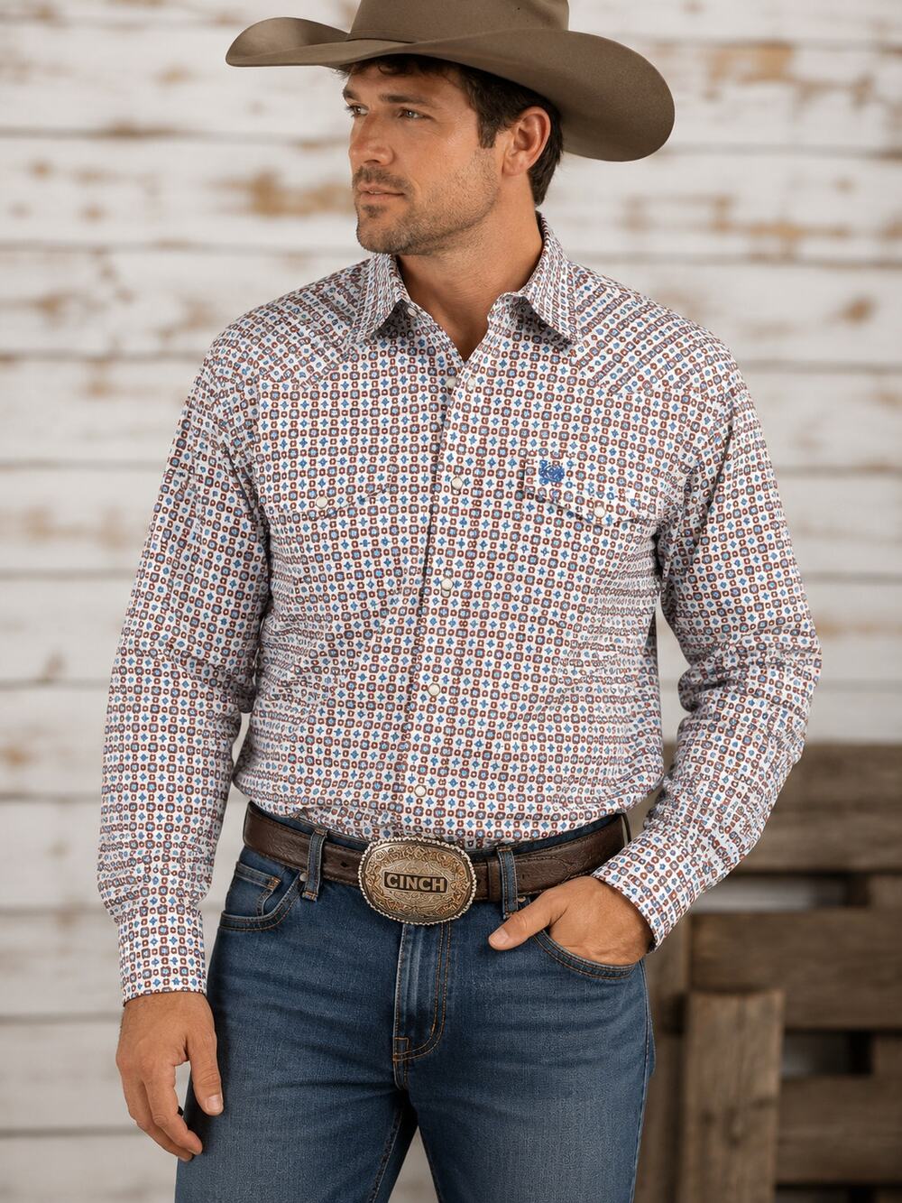 Cinch Men XL Pearl Snap Western Shirt Geometric Print 100% Cotton Cowboy